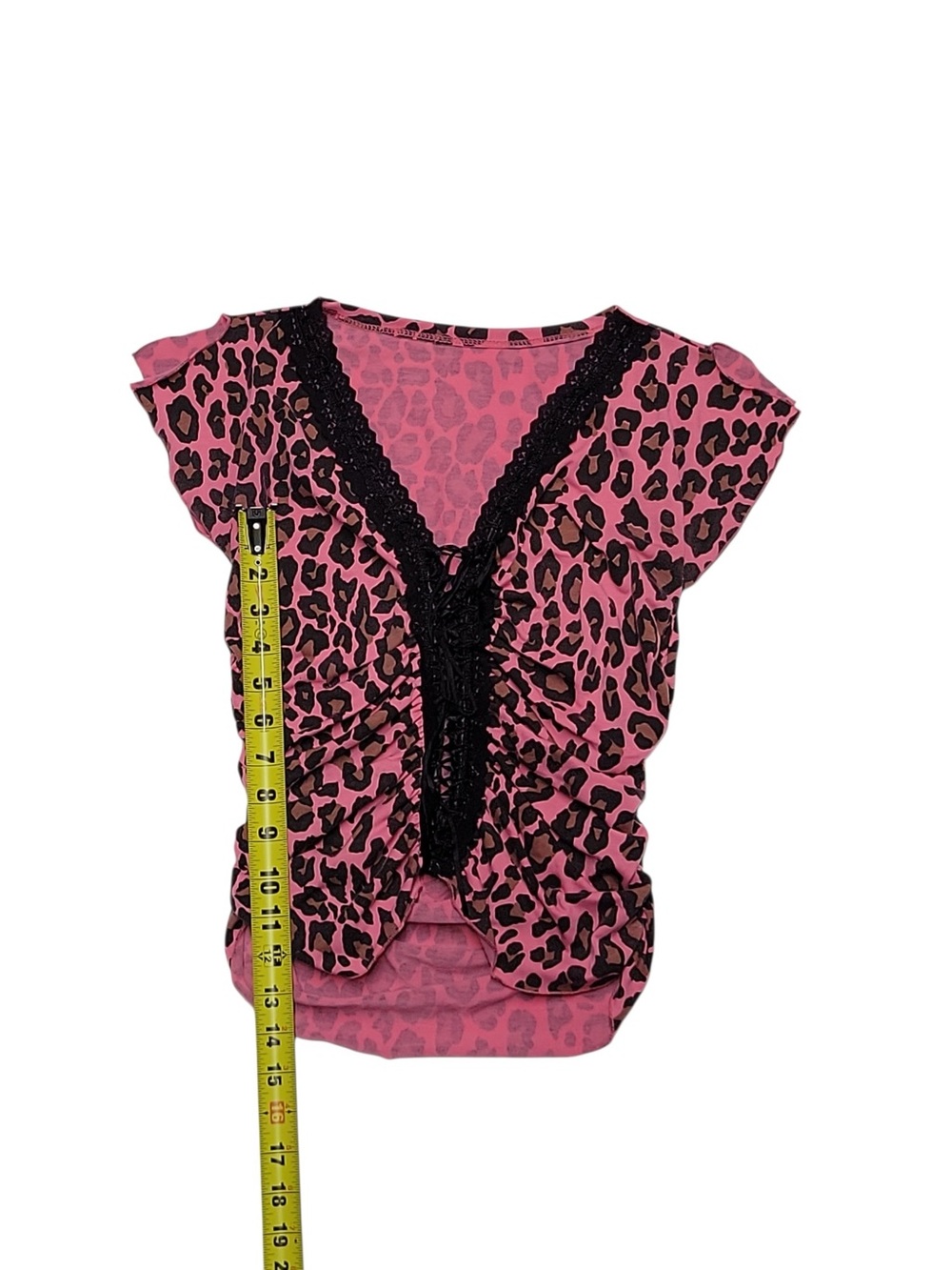 Y2K Retro Pink Lace Leopard Print- Short Sleeve Crop Top Women's Size Small - Picture 4 of 8
